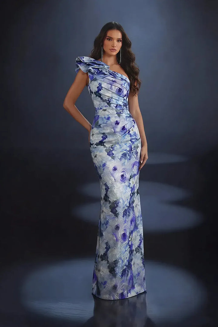 icoletta NC4018 one shoulder floral print fitted evening gown with ruffle shoulder detail