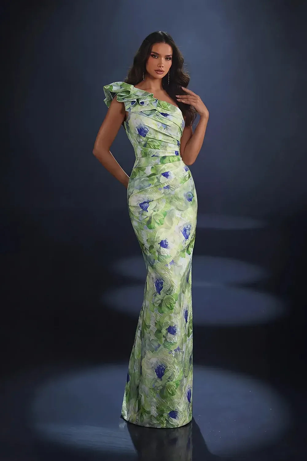 icoletta NC4018 one shoulder floral print fitted evening gown with ruffle shoulder detail