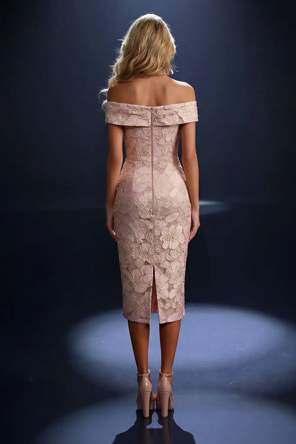 Nicoletta NC4055 Off Shoulder Brocade Midi Dress | Morva Couture