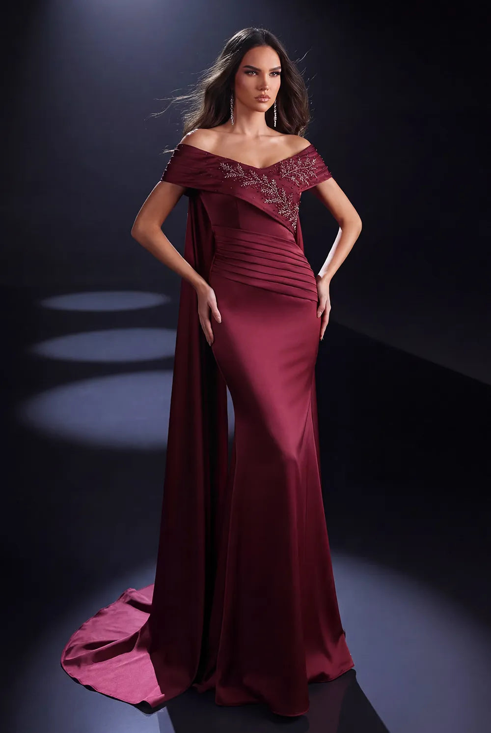 Nicoletta NC4107 Wine off shoulder gown
