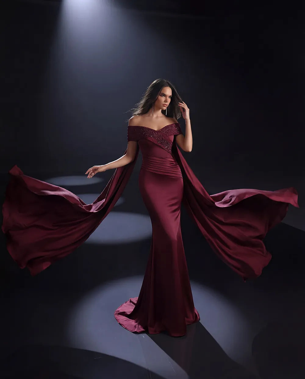 Nicoletta NC4107 Wine off shoulder gown
