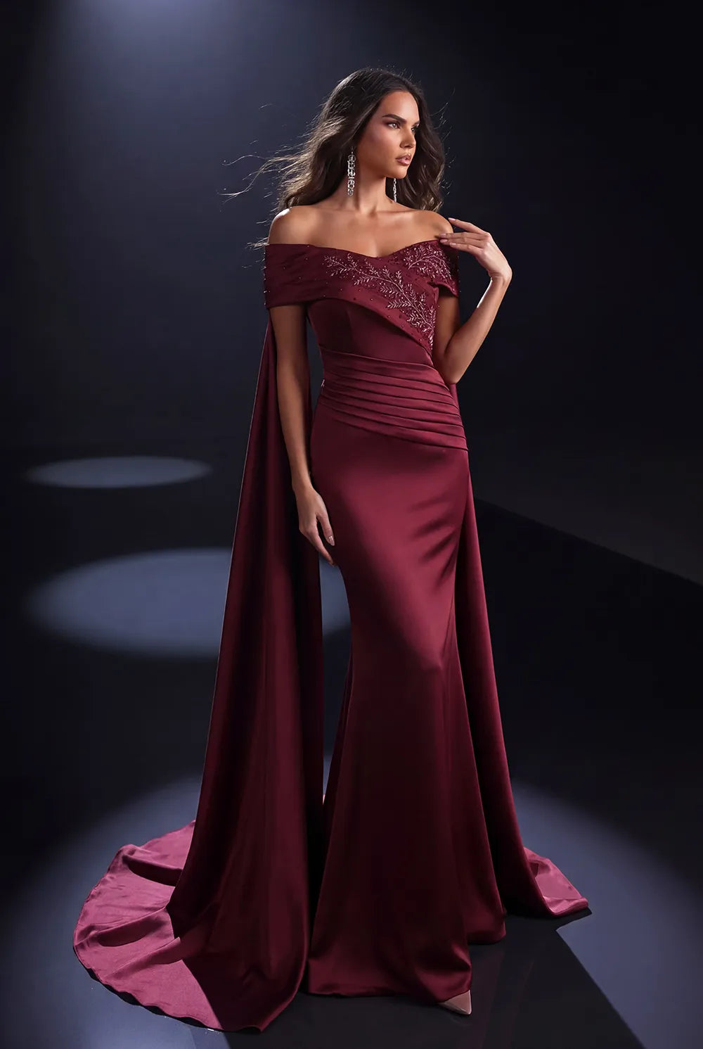 Nicoletta NC4107 Wine off shoulder gown