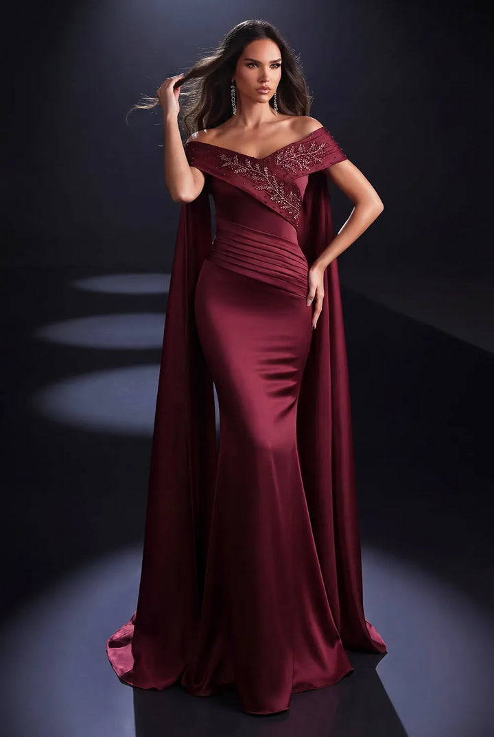 Nicoletta NC4107 Wine off shoulder gown