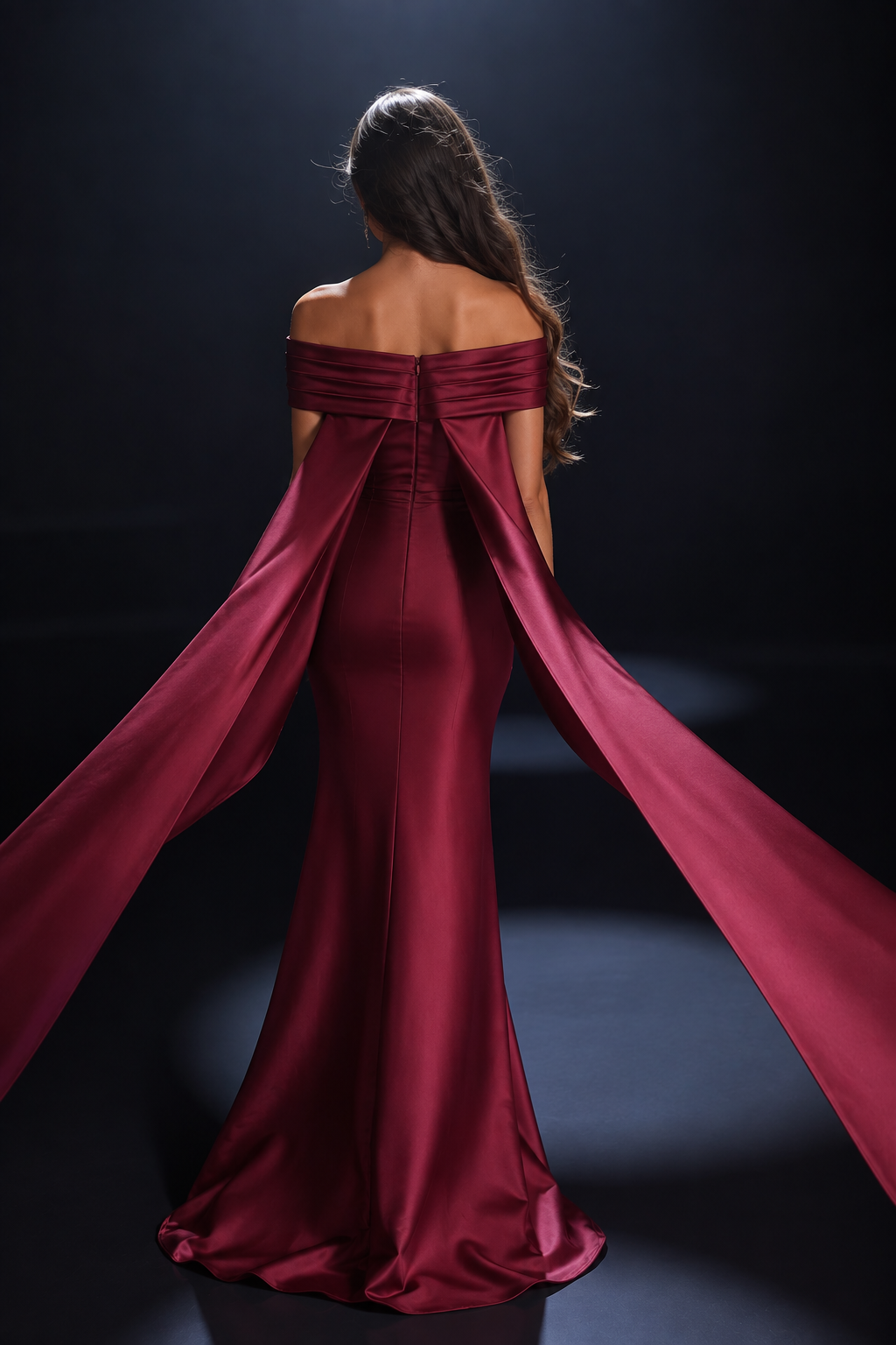 Nicoletta NC4107 Wine off shoulder gown back view