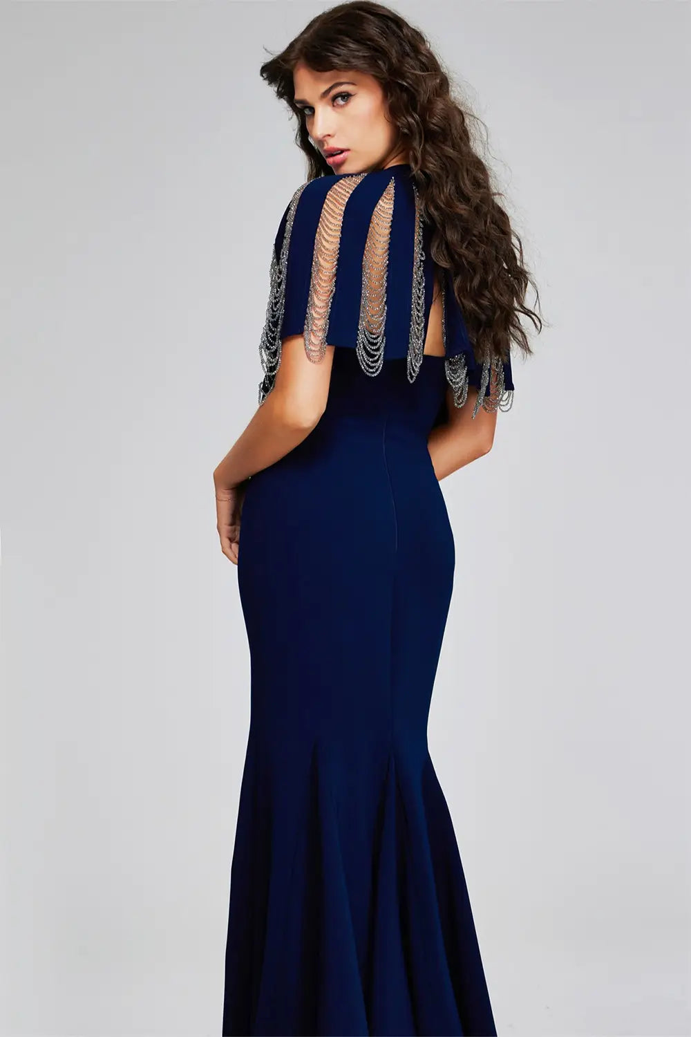 Navy Gown with Chain Fringe Detail and Side Slit Jovani 37386