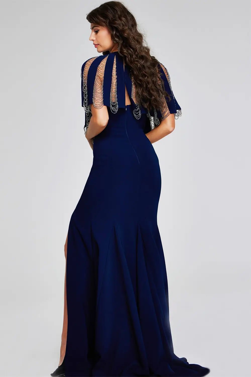 Navy Gown with Chain Fringe Detail and Side Slit Jovani 37386