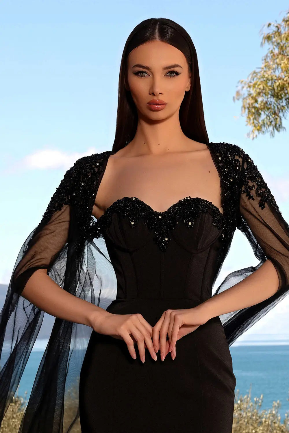 Nicoletta NC2019  Beaded Cape Sleeve Dress | Morva Couture 