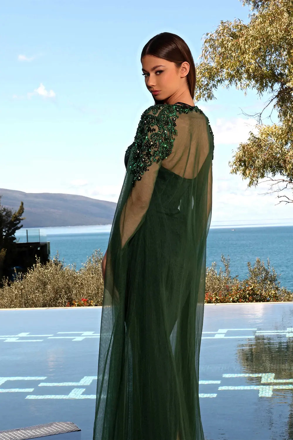 Nicoletta NC2019  Beaded Cape Sleeve Dress | Morva Couture 