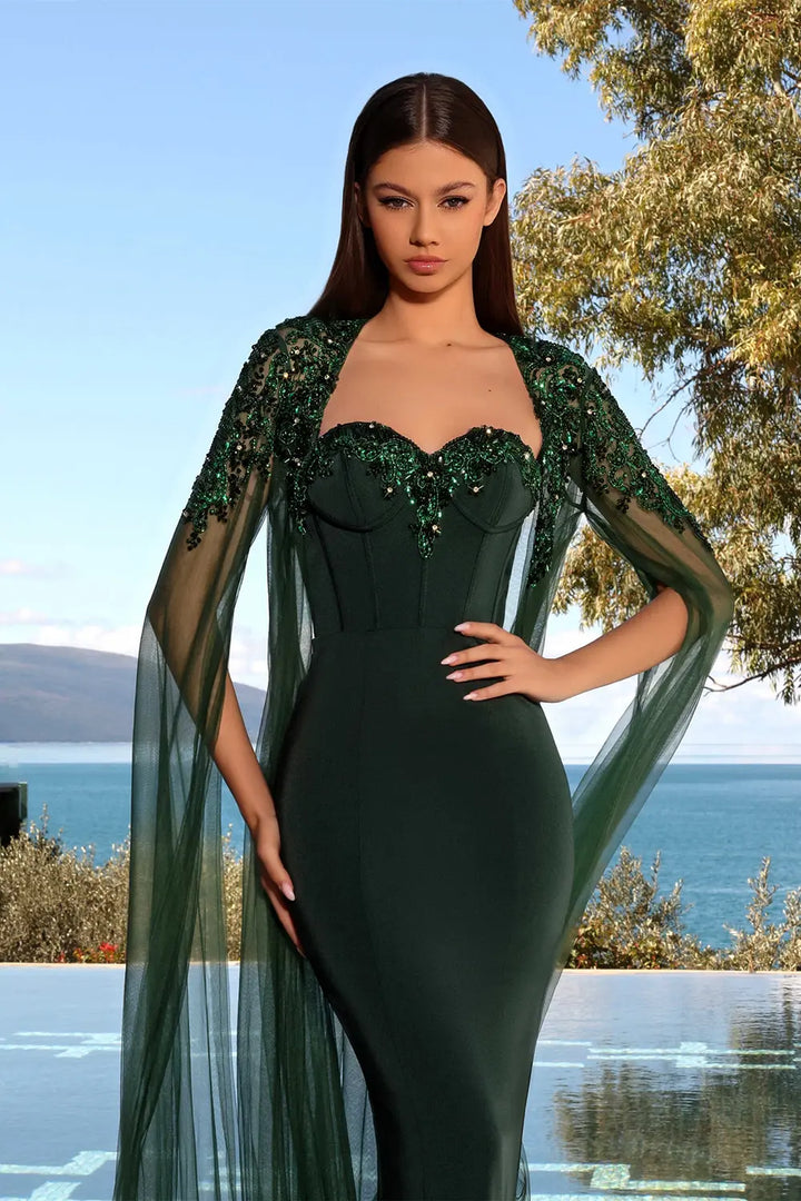 Nicoletta NC2019  Beaded Cape Sleeve Dress | Morva Couture 