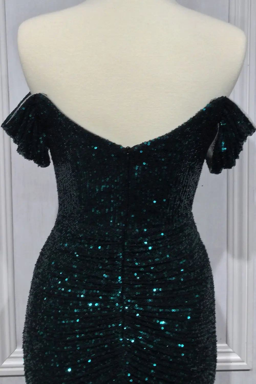 OFF THE SHOULDER RUCHED SEQUIN GOWN Ladvine CH144 - Morvarieds