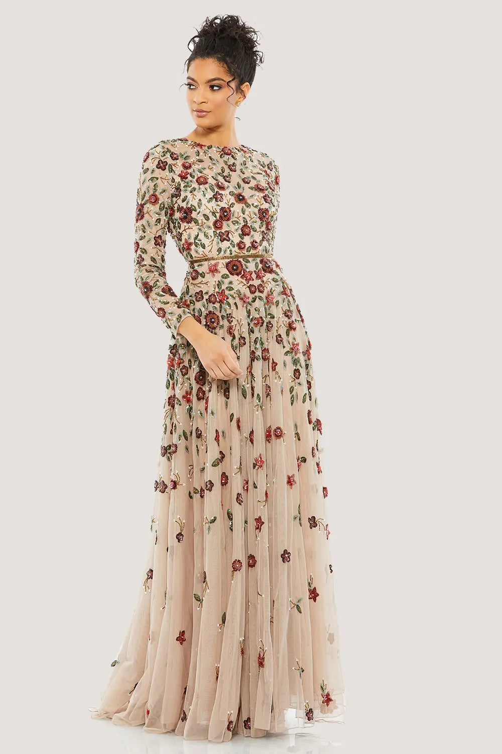 Enbellished High Neck Long Sleeve A Line Gown