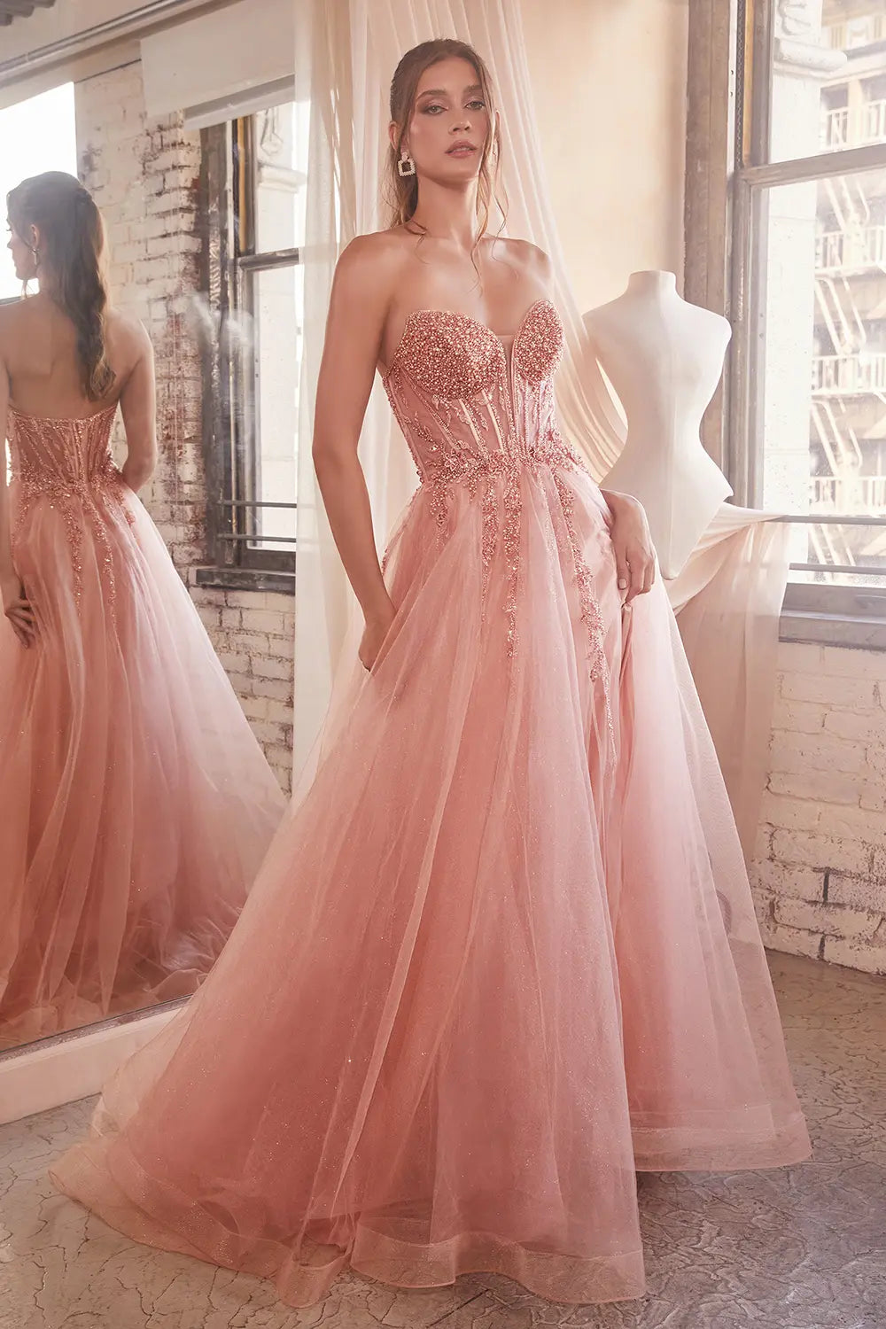 othe front of rose gold Strapless Layered Tulle Ball Gown | Ladivine CD0230