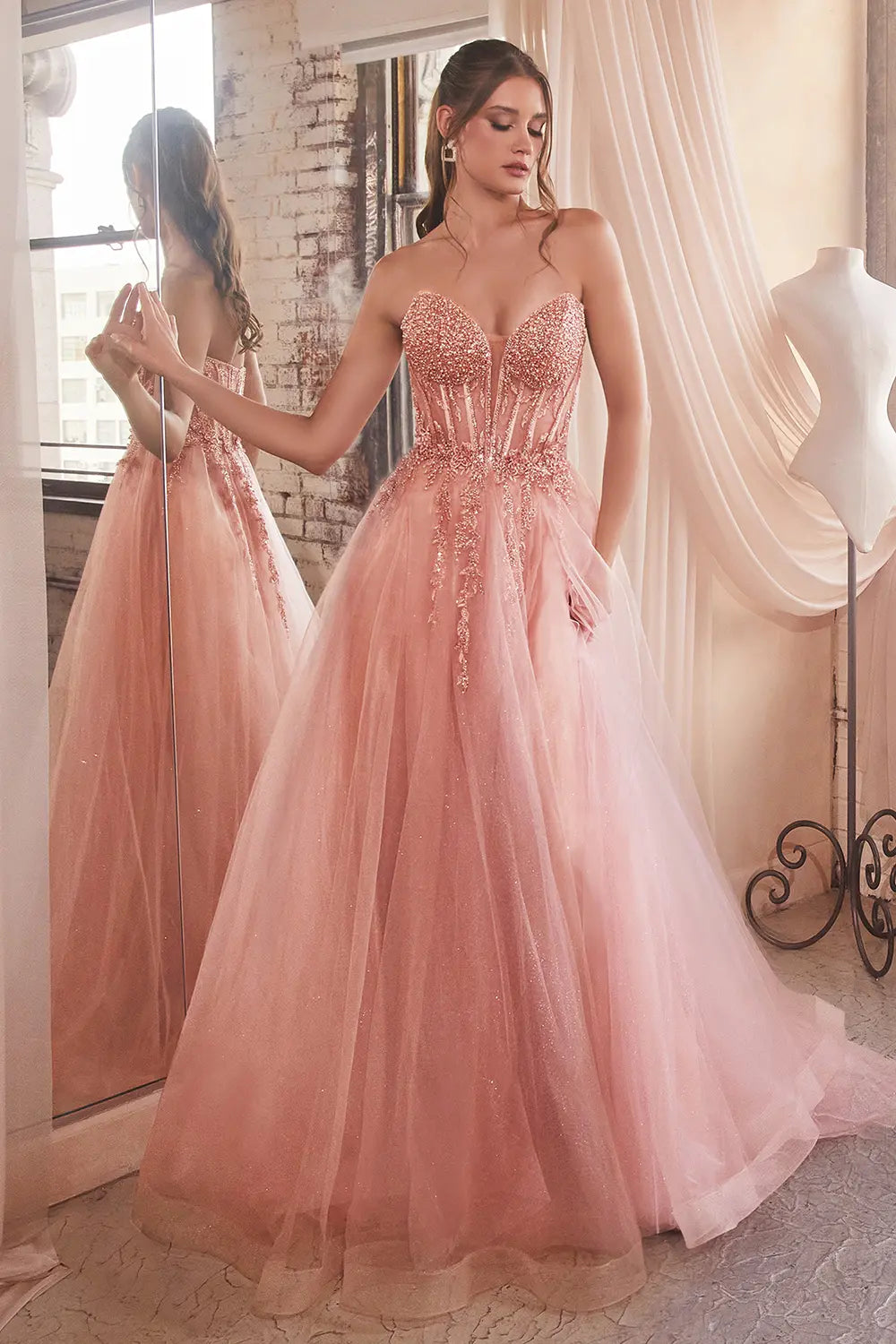 front of rose gold Strapless Layered Tulle Ball Gown | Ladivine CD0230