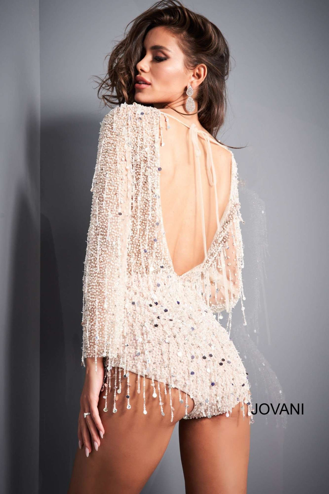 Off White Nude Long Sleeve Beaded Romper Jovani 04338 - Morvarieds Boutique