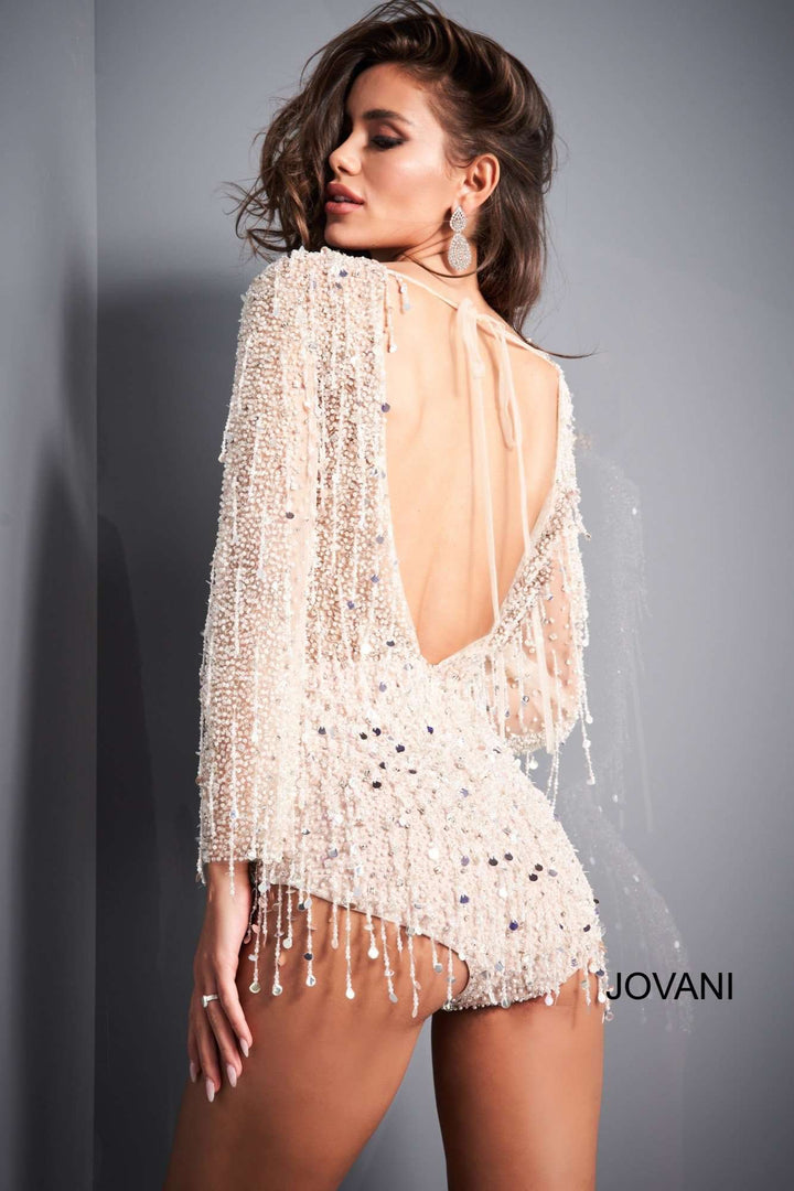 Off White Nude Long Sleeve Beaded Romper Jovani 04338 - Morvarieds Boutique