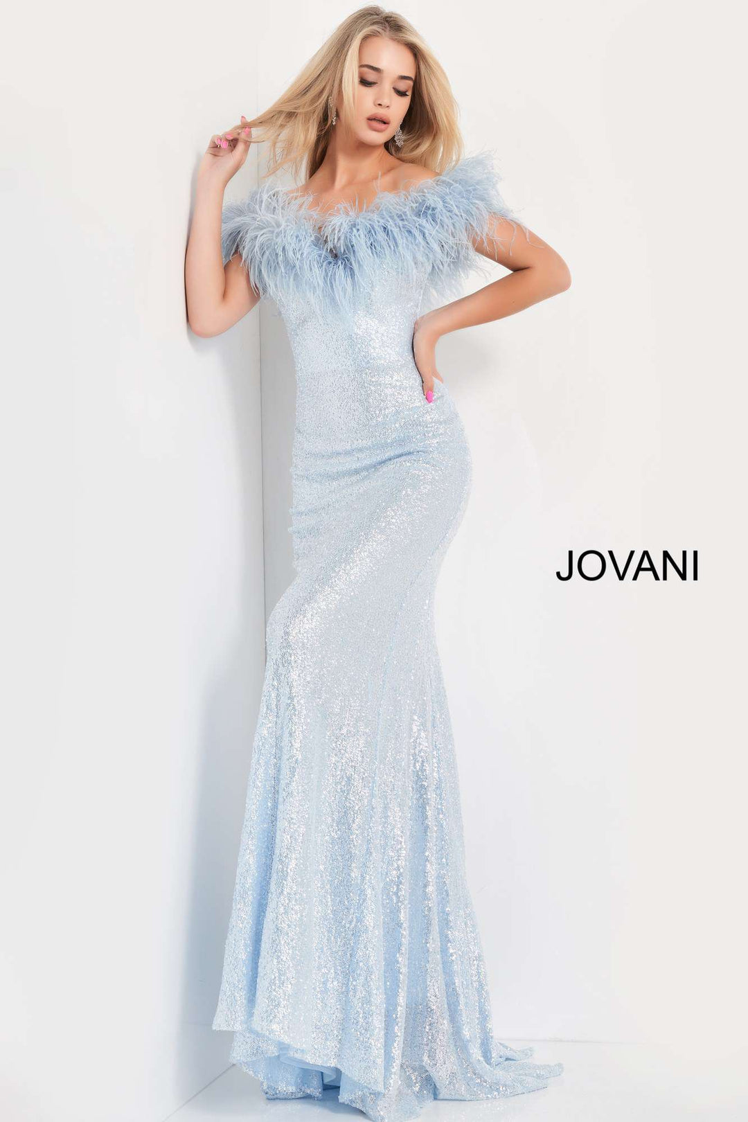 Sequin Feather Neckline Prom Dress Jovani 06166 - Morvarieds Boutique