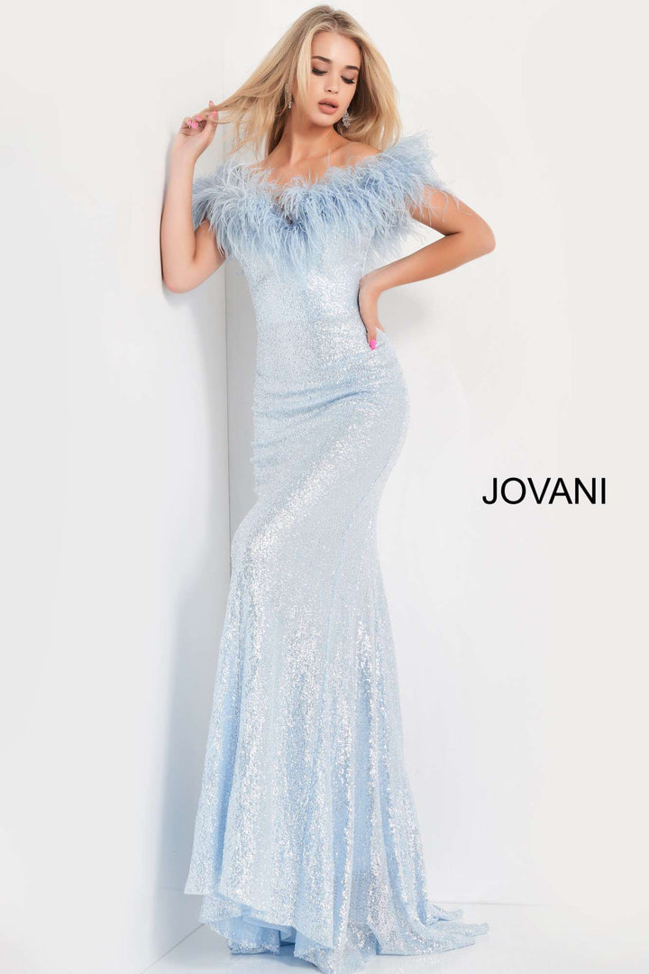 Sequin Feather Neckline Prom Dress Jovani 06166 - Morvarieds Boutique