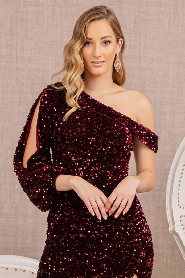 Sequin Asymmetric Velvet Mermaid One Long Puff Sleeve Elizabeth K Dress GL3159 - Morvarieds Fashion