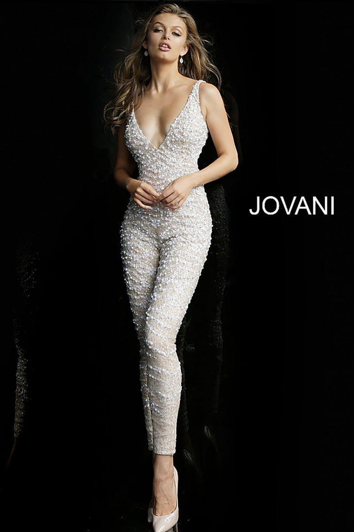 Plunging Neckline Beaded Prom Jumpsuit Dress Jovani 60010 - Morvarieds Fashion