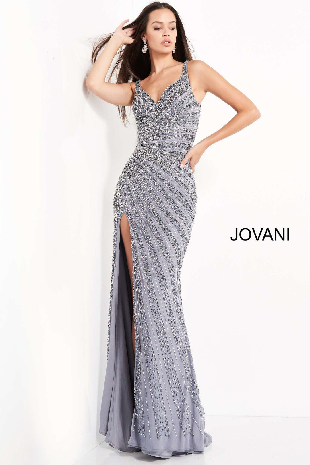 Smoke Beaded High Slit Prom Dress Jovani 04539 - Morvarieds Fashion