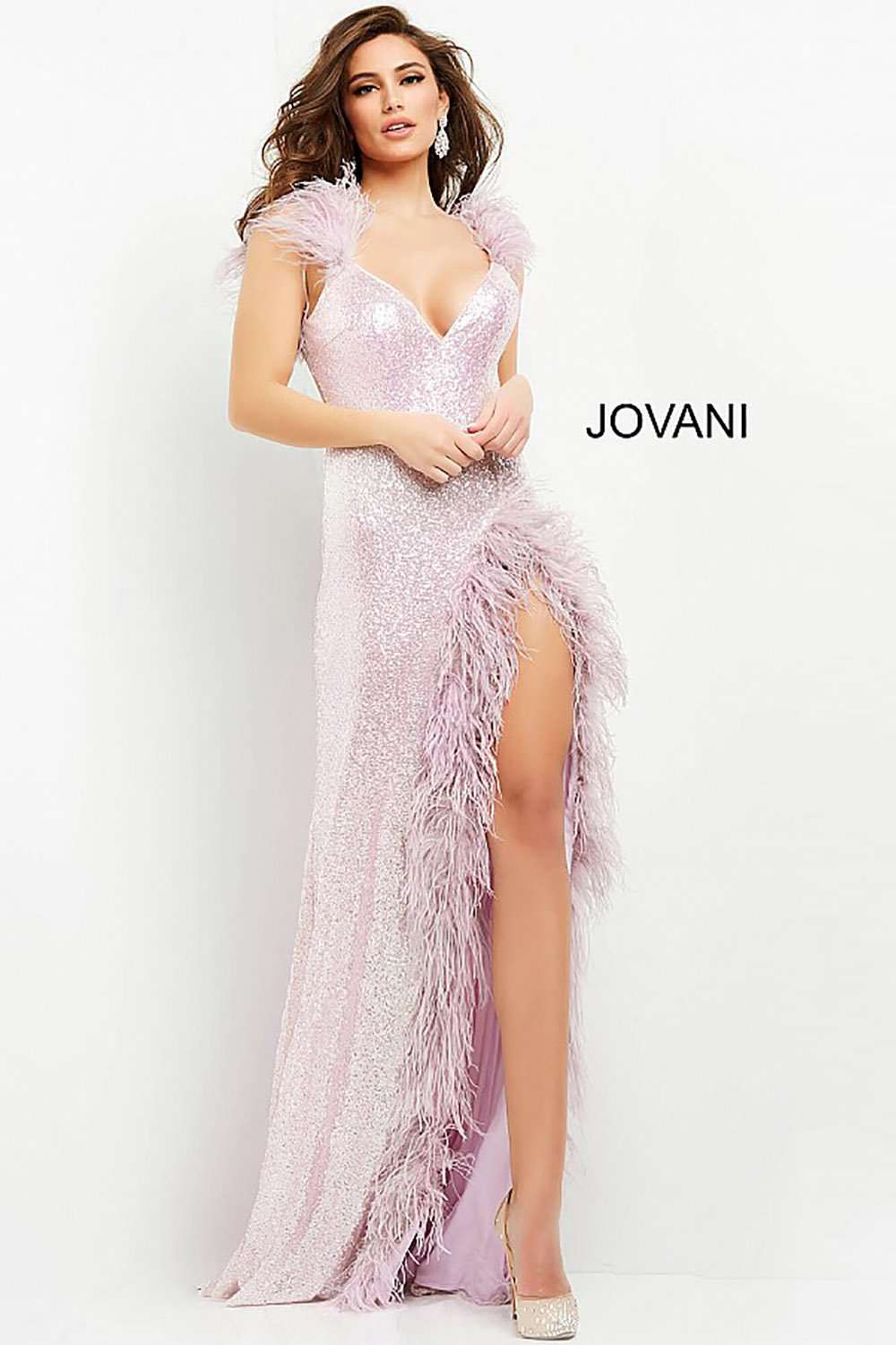 High Slit Feather Embellished Prom Dress Jovani 06164 - Morvarieds Fashion