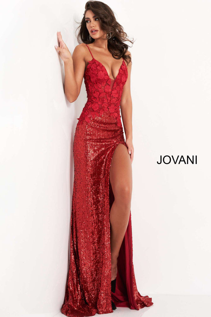 Floral Appliques High Slit Prom Dress Jovani 06426 - Morvarieds Fashion