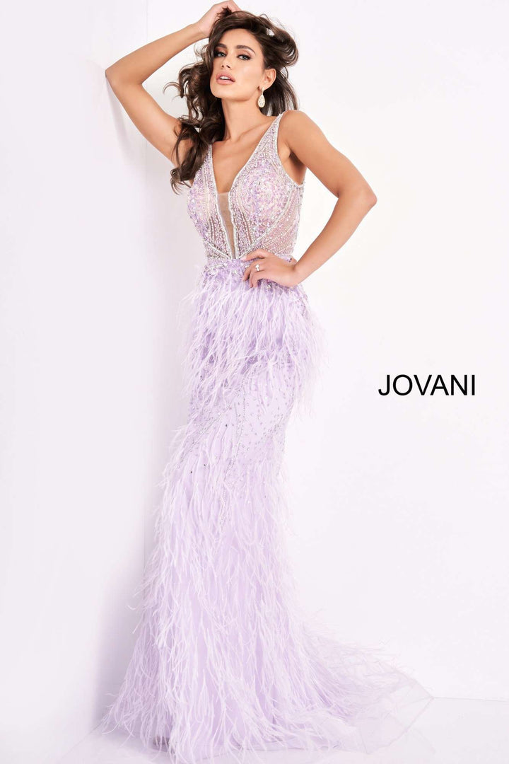 Sheer Embellished Bodice Feather Prom Dress Jovani 03023 - Morvarieds Fashion