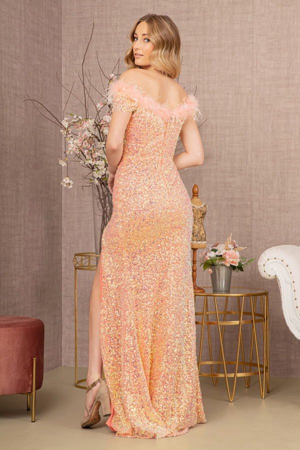 Sequin Off Shoulder Mesh Mermaid Feather on Neckline Elizabeth K Dress GL3164 - Morvarieds Fashion