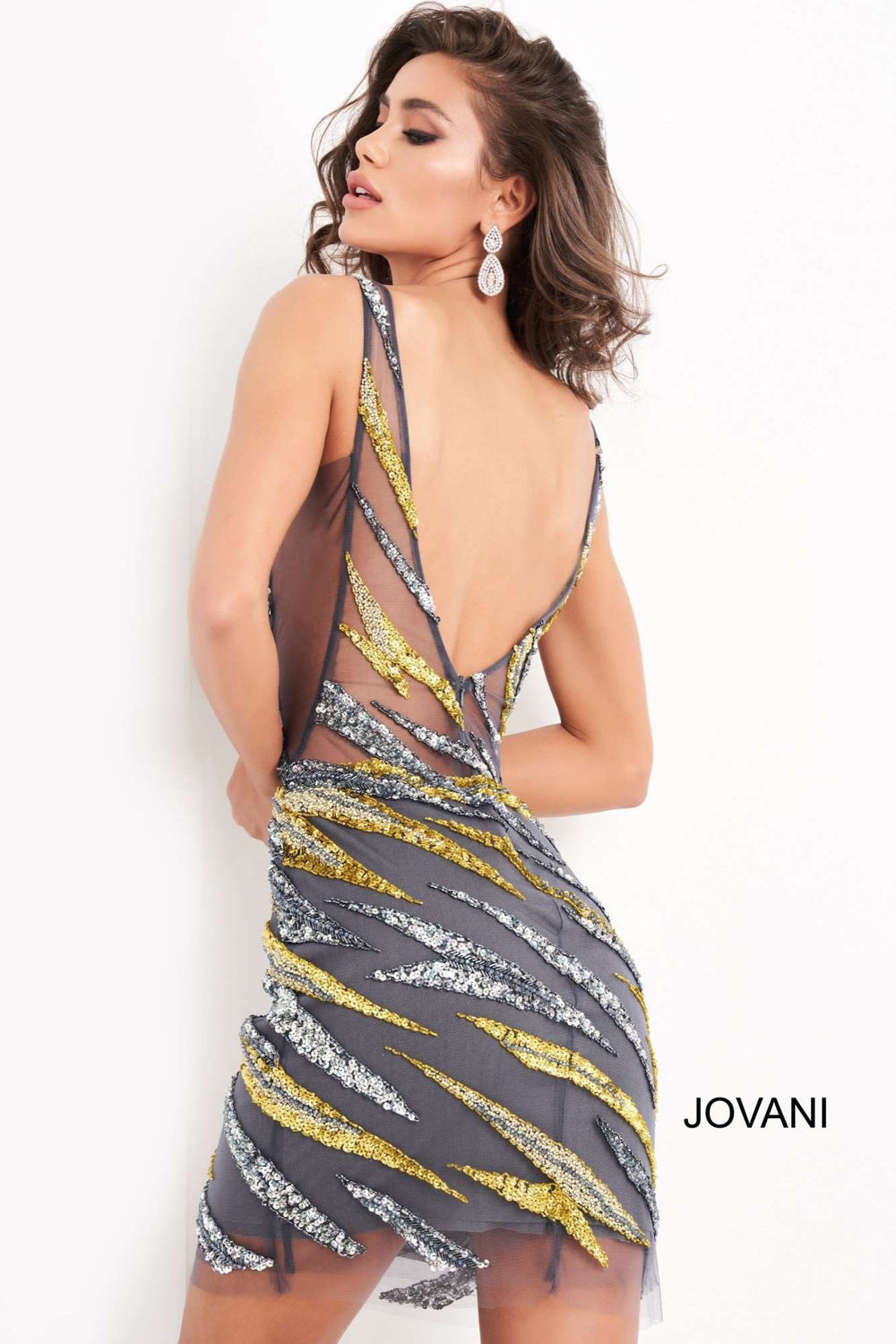 Gunmetal Embellished V Neck Cocktail Dress Jovani 04381 - Morvarieds Fashion