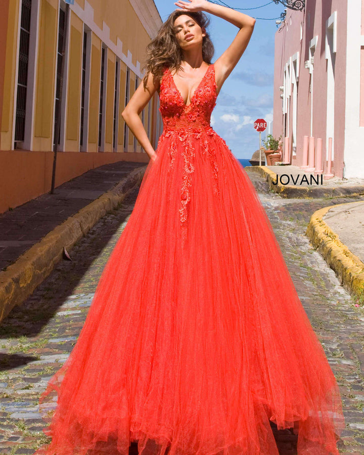 Floral Appliques V Neck Ballgown Jovani 55634 - Morvarieds Fashion