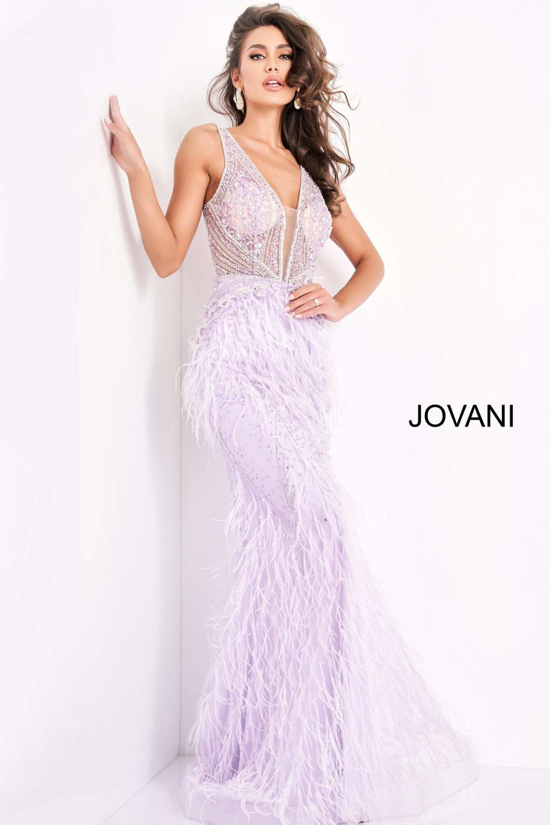 Sheer Embellished Bodice Feather Prom Dress Jovani 03023 - Morvarieds Fashion