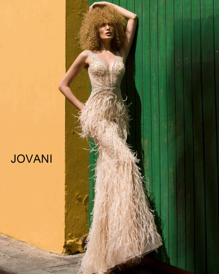 Sheer Embellished Bodice Feather Prom Dress Jovani 03023 - Morvarieds Fashion
