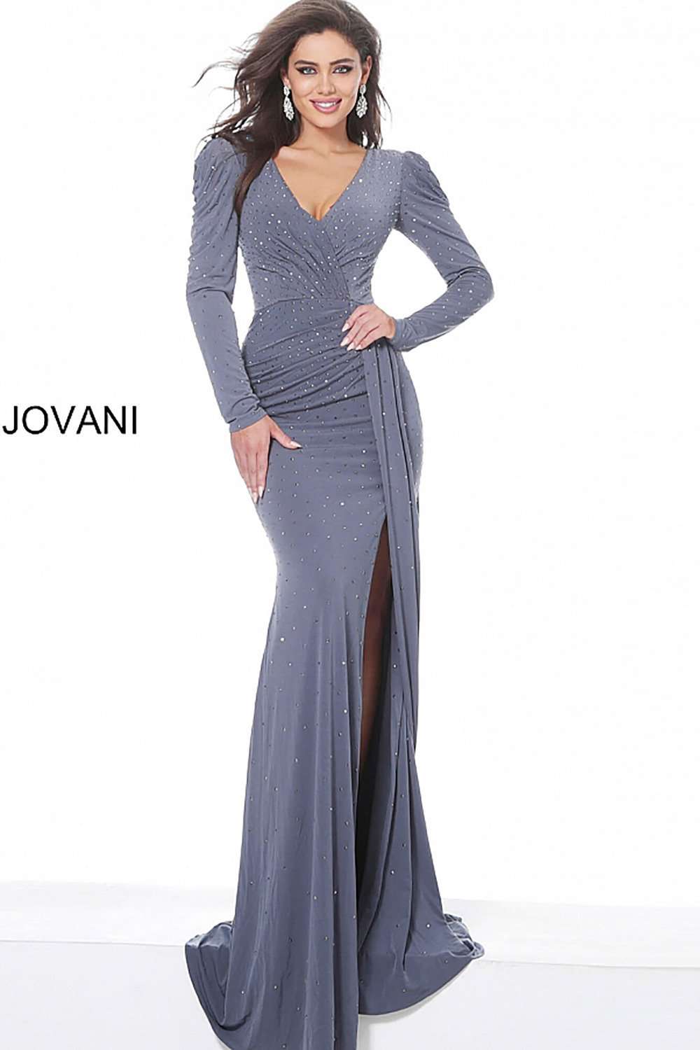 Gunmetal Puff Sleeves Embellished Evening Dress Jovani 4068 - Morvarieds Fashion