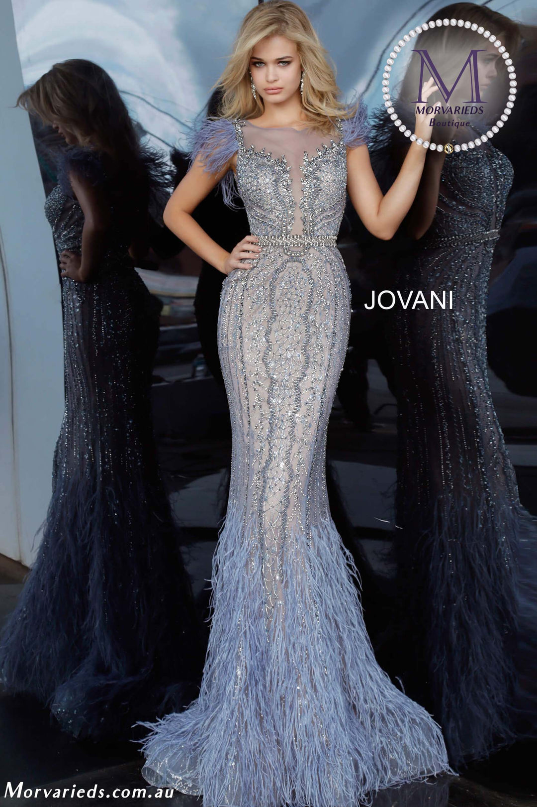 Vintage Blue Beaded Feather Embellished Evening Dress Jovani 02326 - Morvarieds Fashion