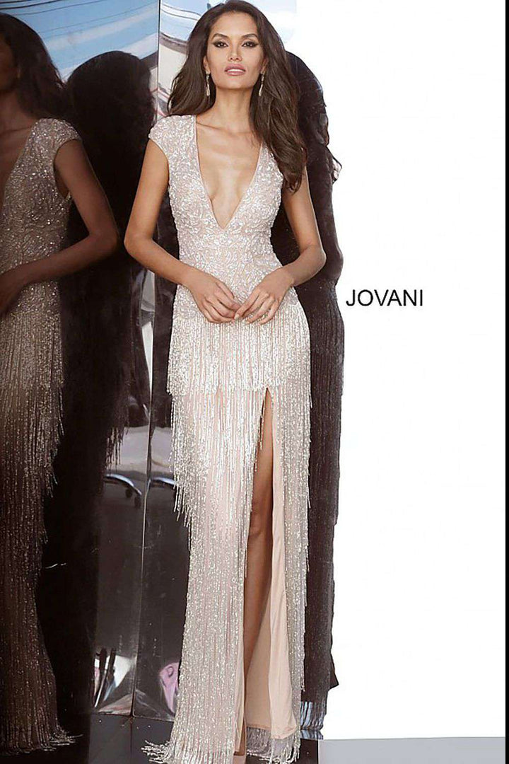 Nude High Slit Fringe Skirt Evening Dress Jovani 68792 - Morvarieds Fashion