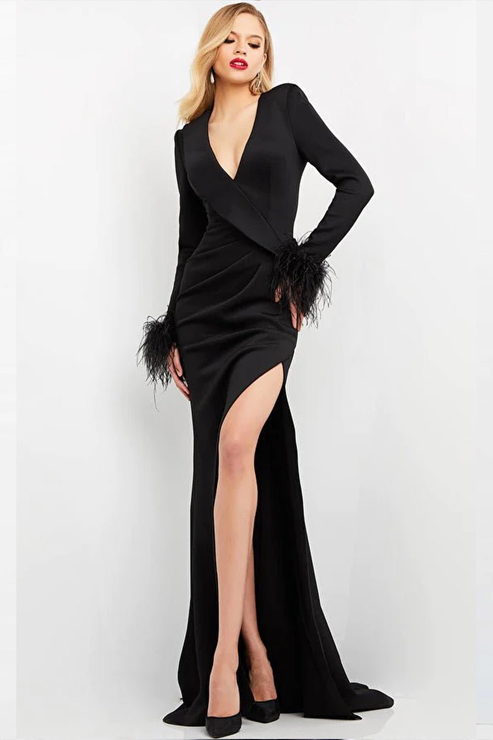 Black V Neck High Slit Evening Dress Jovani 04501 - Morvarieds Fashion
