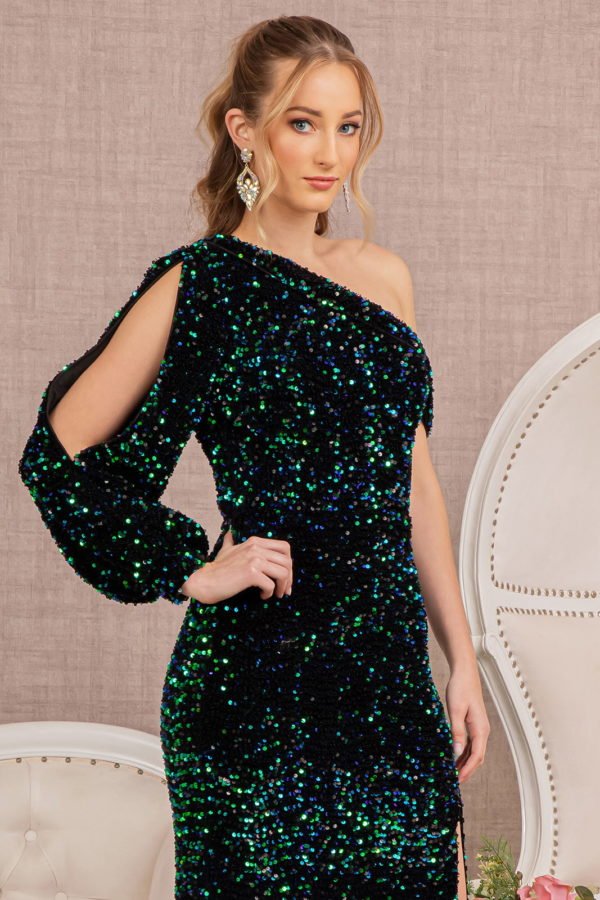 Sequin Asymmetric Velvet Mermaid One Long Puff Sleeve Elizabeth K Dress GL3159 - Morvarieds Fashion