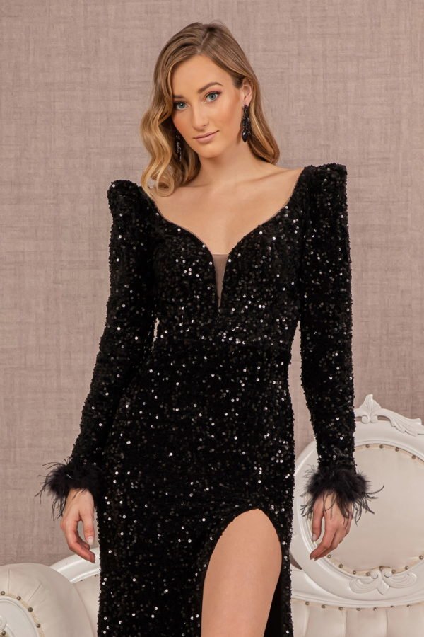 Puff Shoulder 3/4 Sleeves Feather Velvet Mermaid Elizabeth K Dress GL3122 - Morvarieds Fashion