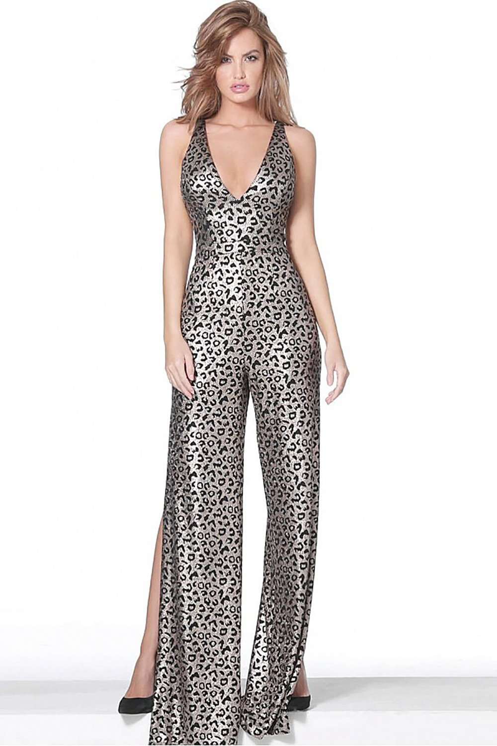 Black Gold Plunging Neckline Sleeveless Jumpsuit Dress Jovani 8112 - Morvarieds Fashion