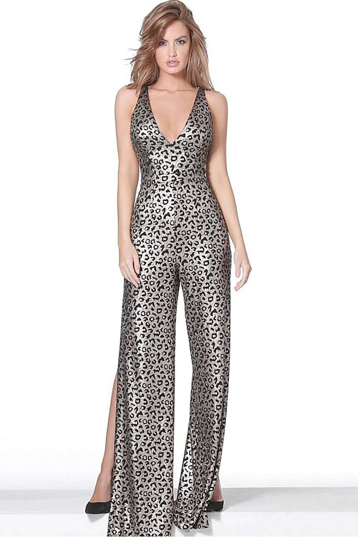 Black Gold Plunging Neckline Sleeveless Jumpsuit Dress Jovani 8112 - Morvarieds Fashion