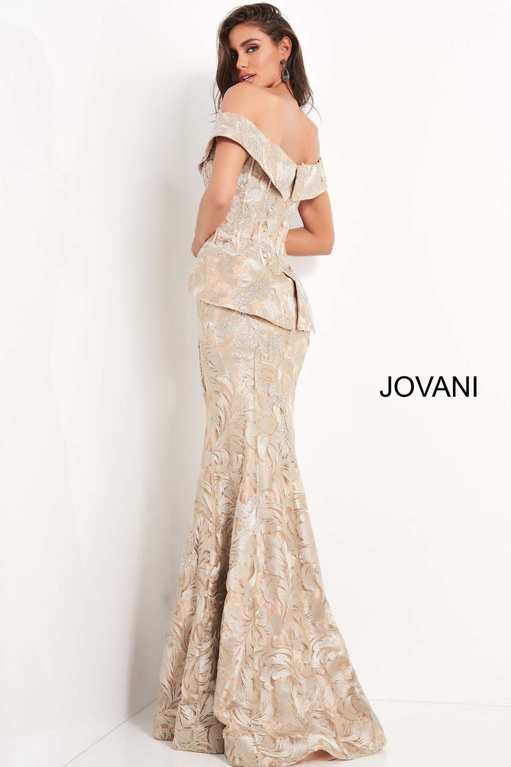 Gold Embellished Off the Shoulder Evening Dress Jovani 02762 - Morvarieds Fashion