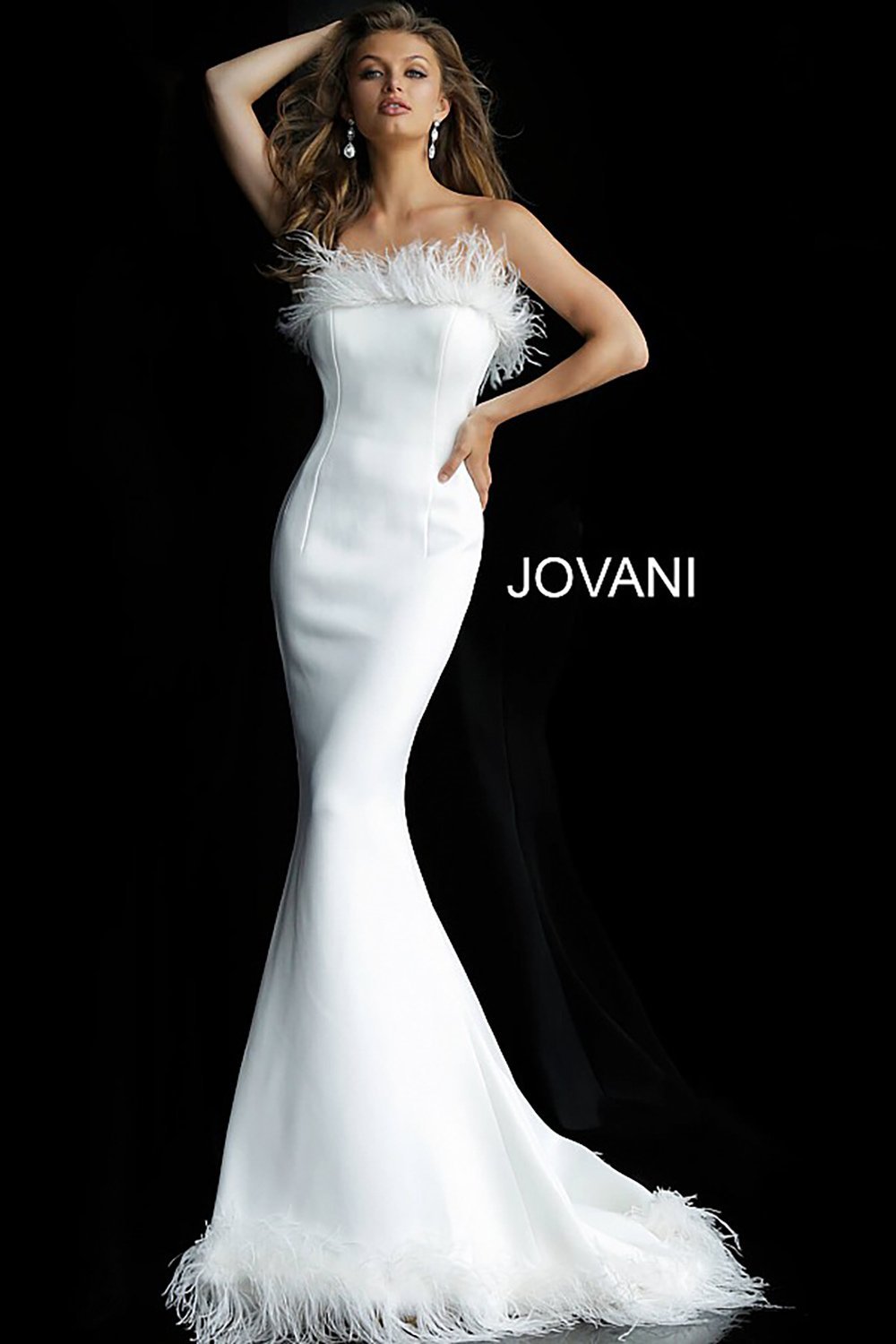Feather Neckline Strapless Mermaid Wedding Dress Jovani 63891 - Morvarieds Fashion