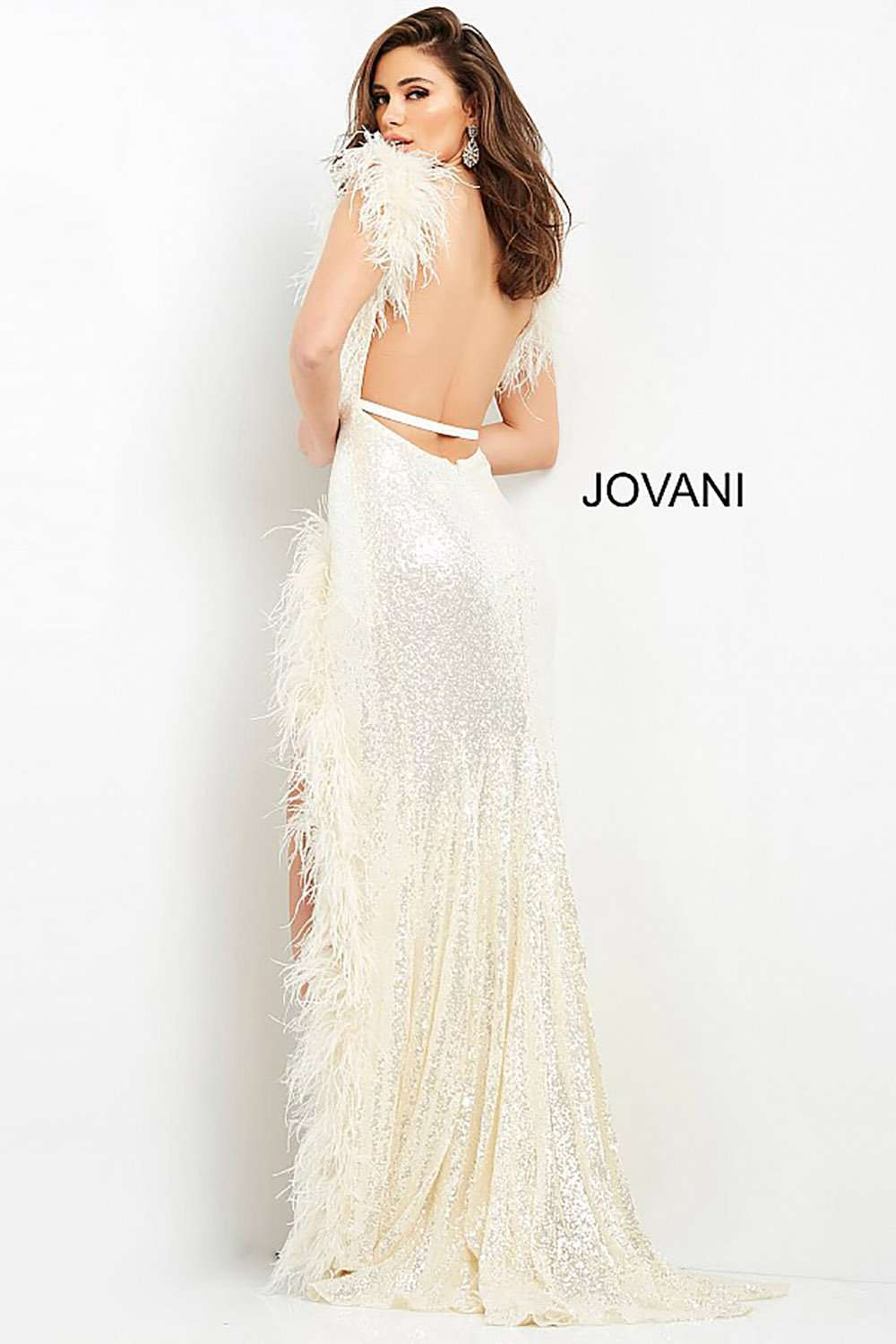 High Slit Feather Embellished Prom Dress Jovani 06164 - Morvarieds Fashion