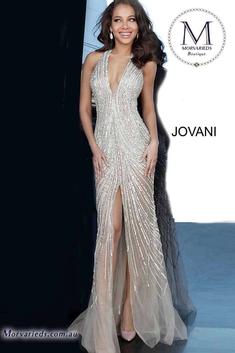 Nude Beaded Halter Neckline Prom Dress Jovani 2609 - Morvarieds Fashion