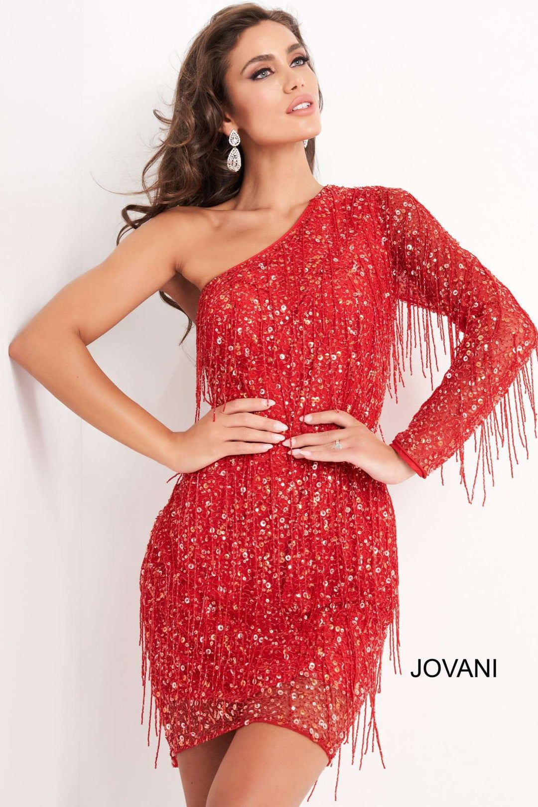 Red One Shoulder Embellished Cocktail Dress Jovani 2645 - Morvarieds Fashion