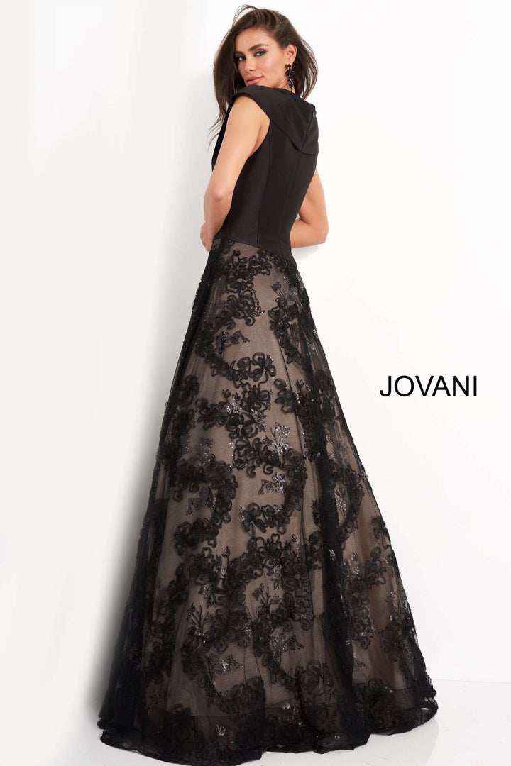 Black A Line V Neck Evening Gown Jovani 03330 - Morvarieds Fashion