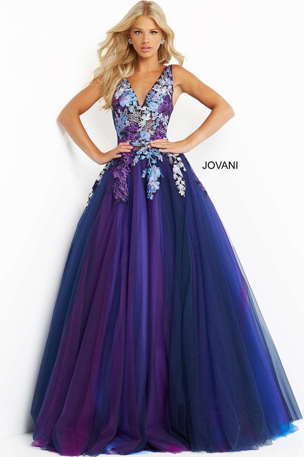 Navy Multi Floral Bodice Tulle Prom Dress Jovani 06807 - Morvarieds Fashion