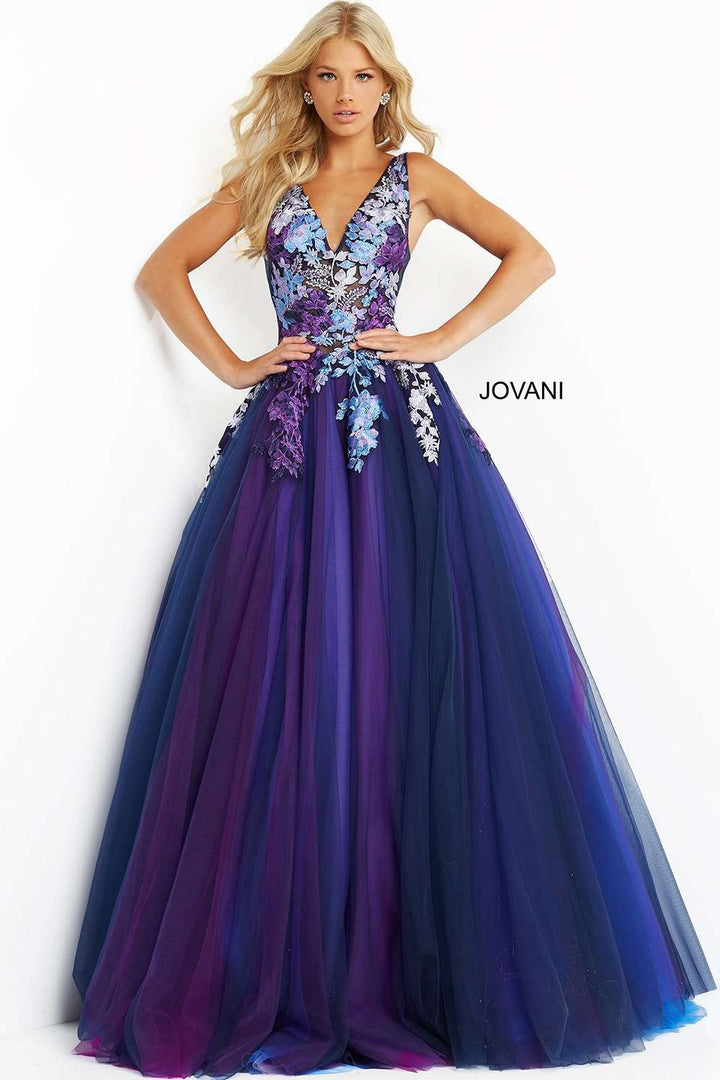 Navy Multi Floral Bodice Tulle Prom Dress Jovani 06807 - Morvarieds Fashion