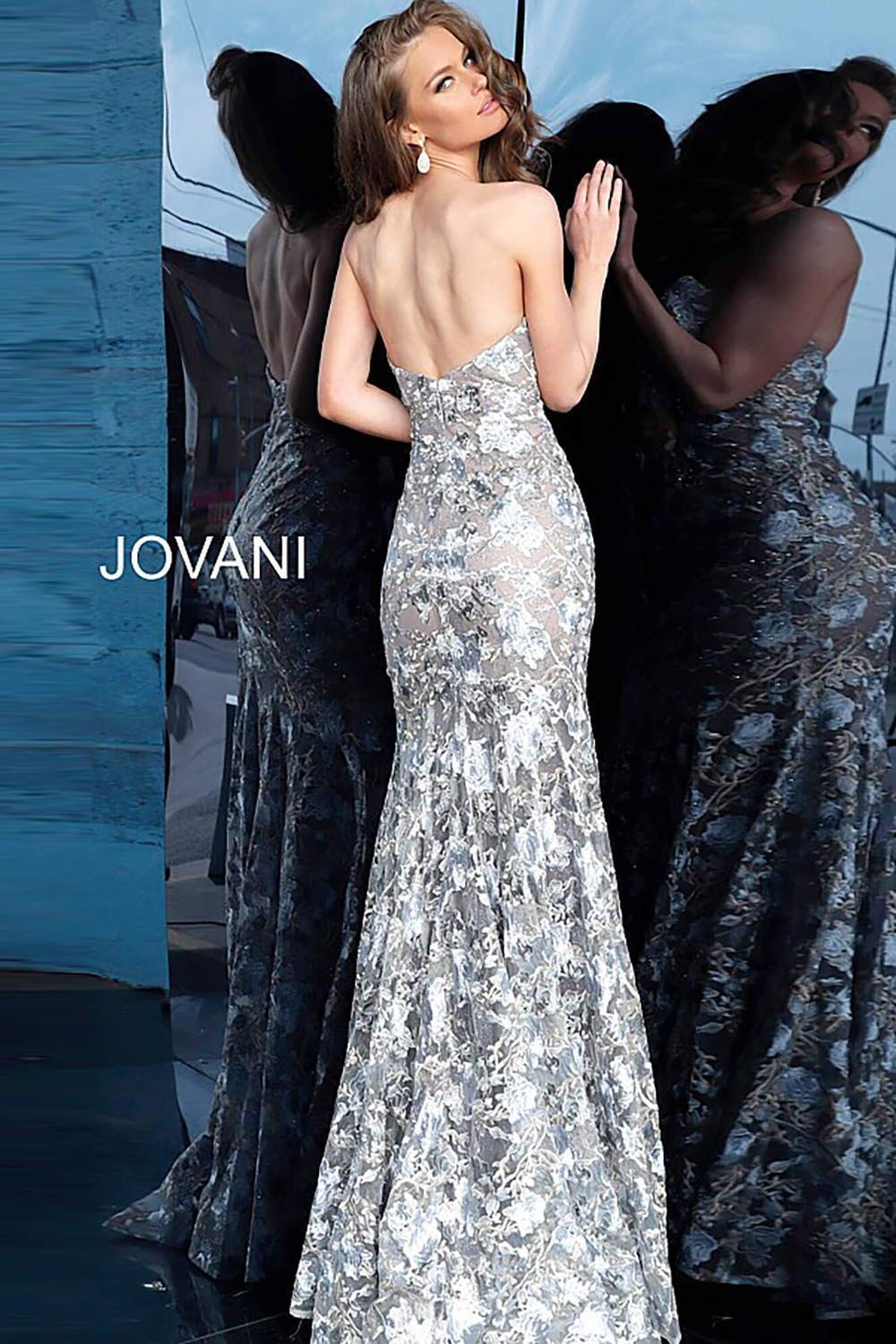 Silver Nude Strapless Fitted Lace Evening Dress Jovani 67330 - Morvarieds Fashion