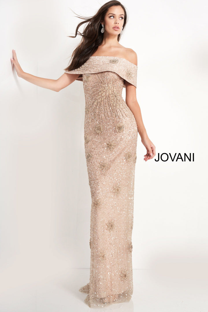 Champagne Off the Shoulder Beaded Evening Dress Jovani 03412 - Morvarieds Fashion